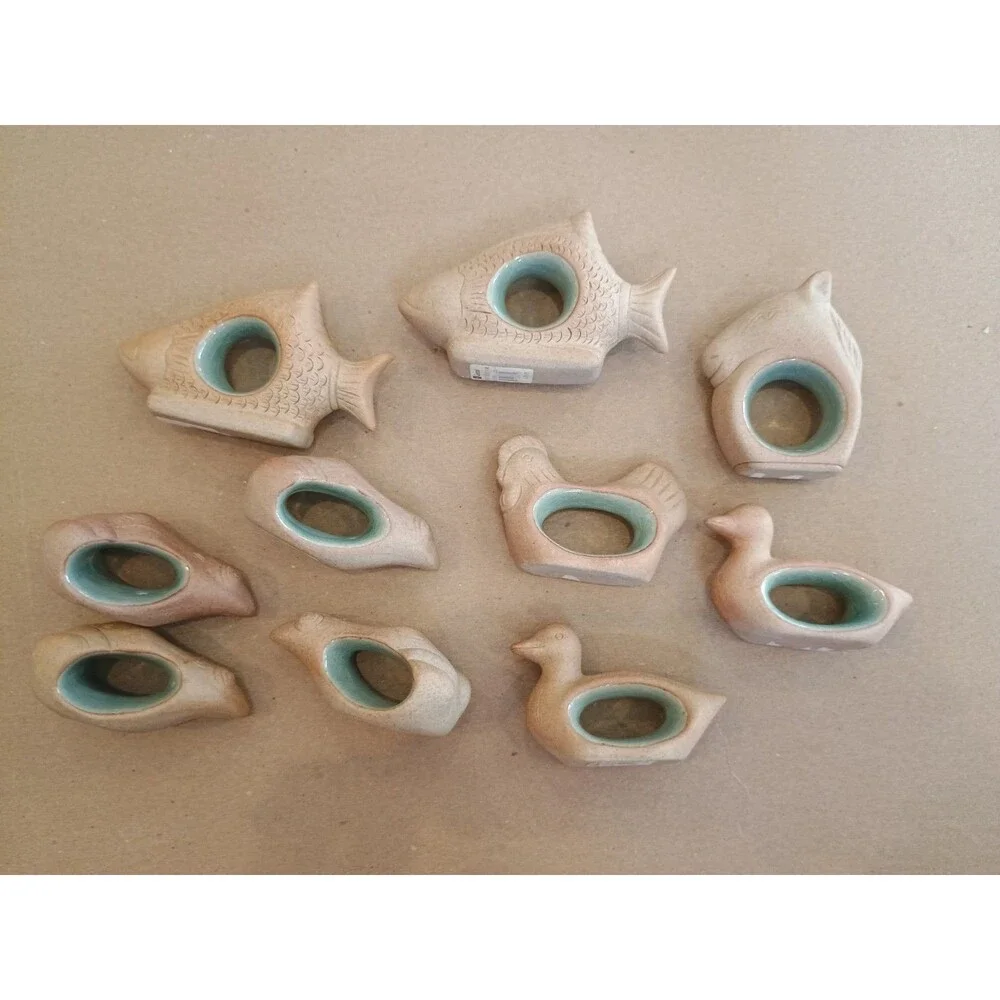 Central Napkin Rings 10 Pottery Glazed Interior Fish Frogs Duck Ornamental
